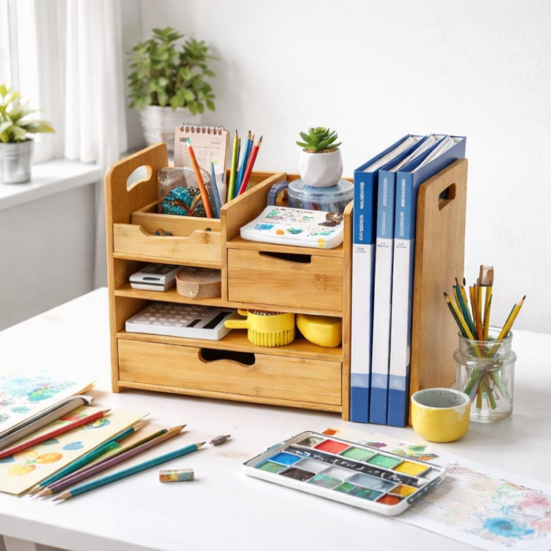 SmartHub Bamboo Desk Organizer with Drawer